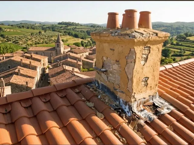 Souche de cheminée dégradée avant intervention, mitrons cassés et joint effrité, chantier Artisan JP